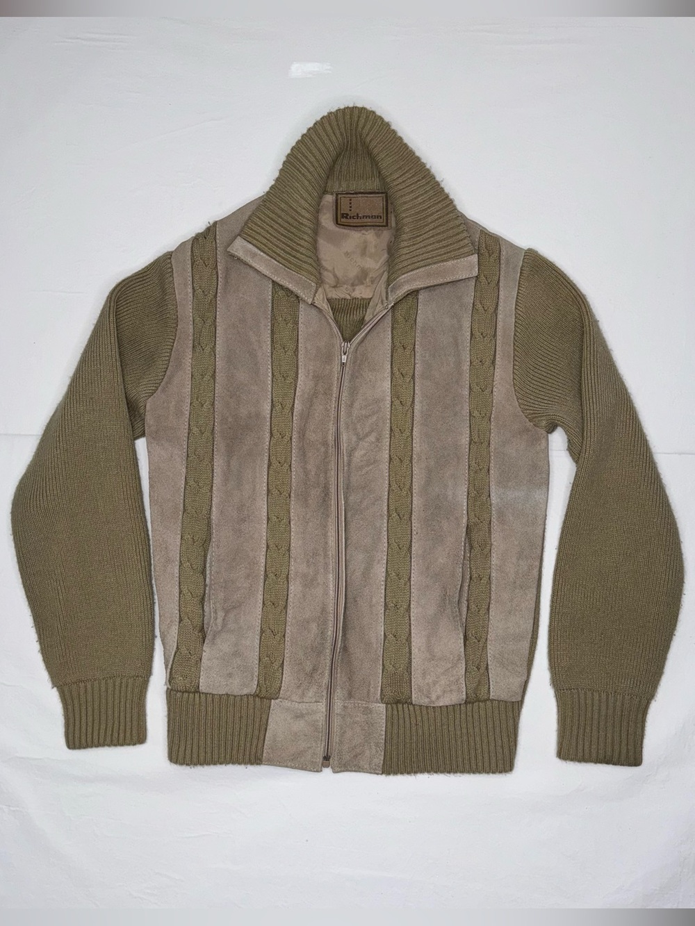 Richman - Vintage Olive and Taupe Zip-Up Knit & Leather Sweater 100% Leather